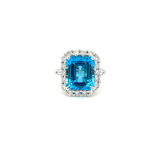 EMERALD CUT BLUE TOPAZ HALO RING