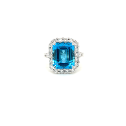 EMERALD CUT BLUE TOPAZ HALO RING